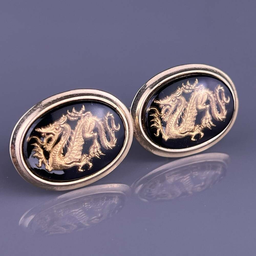 Large Dragon Domed Lucite Cufflinks Gold Tone Black Reverse Painted Vintage